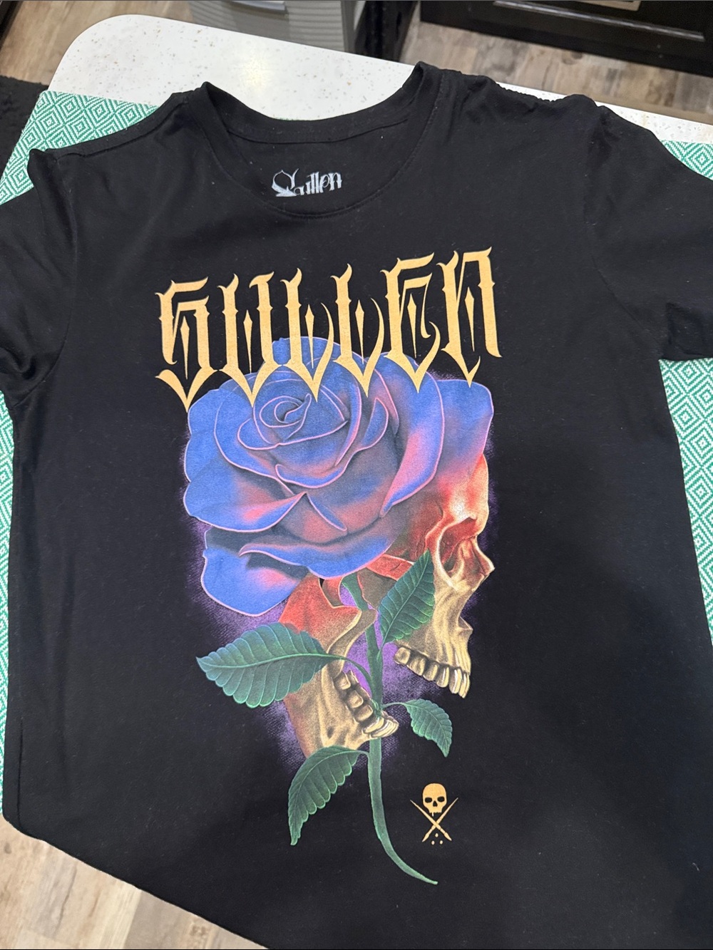 Sullen Black Graphic Tee with Blue Rose & Skull